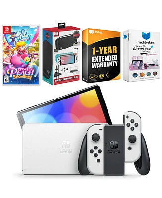 Nintendo Switch White Oled Console with Princess Peach: Showtime!, Surge Accessory Gaming Kit, MightySkins Console and Controller Skin Voucher