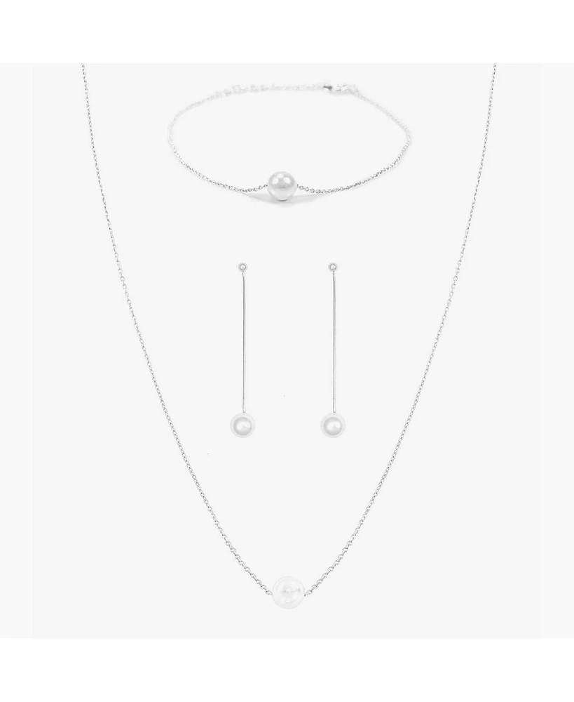 Sterling Silver Abby Single Cultured Pearl Bracelet, Necklace & Dangled Drop Earrings Set