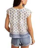 Lucky Brand Women's Cotton Mixed-Print Peasant Blouse