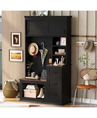 Entryway Hall Tree with Bench, Storage, and Hooks