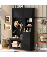 Entryway Hall Tree with Bench, Storage, and Hooks