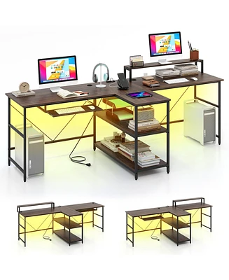 2-Person Reversible Computer Desk Long Office with Led Lights