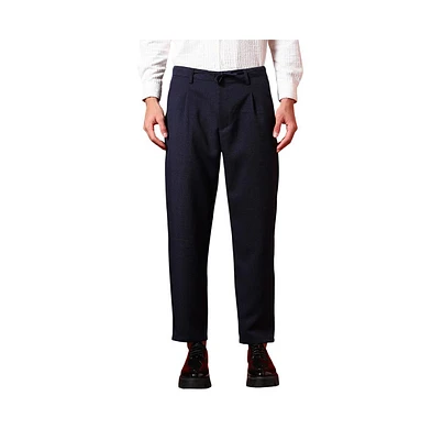Campus Sutra Men's Prussian Blue Tailored Linen-Blend Trousers
