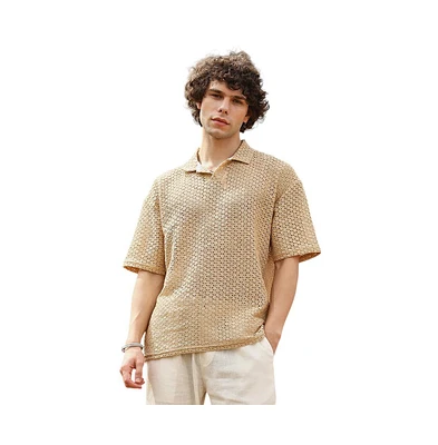 Campus Sutra Men's Buff Beige Lozenge Oversized Polo T-Shirt