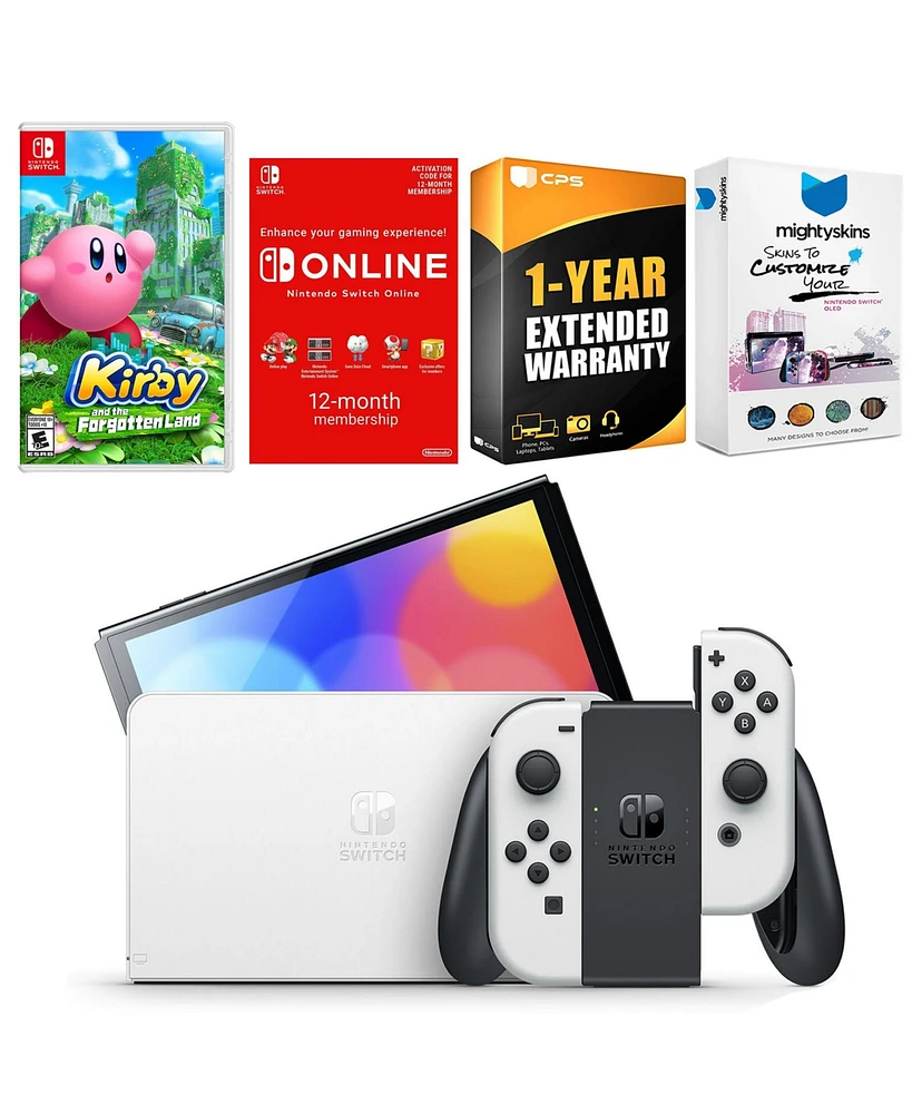 Nintendo Switch White Oled Console with Kirby and the Forgotten Land, Nso 12 Month Family Membership, MightySkins Console and Controller Skin Voucher