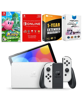 Nintendo Switch White Oled Console with Kirby and the Forgotten Land, Nso 12 Month Family Membership, MightySkins Console and Controller Skin Voucher