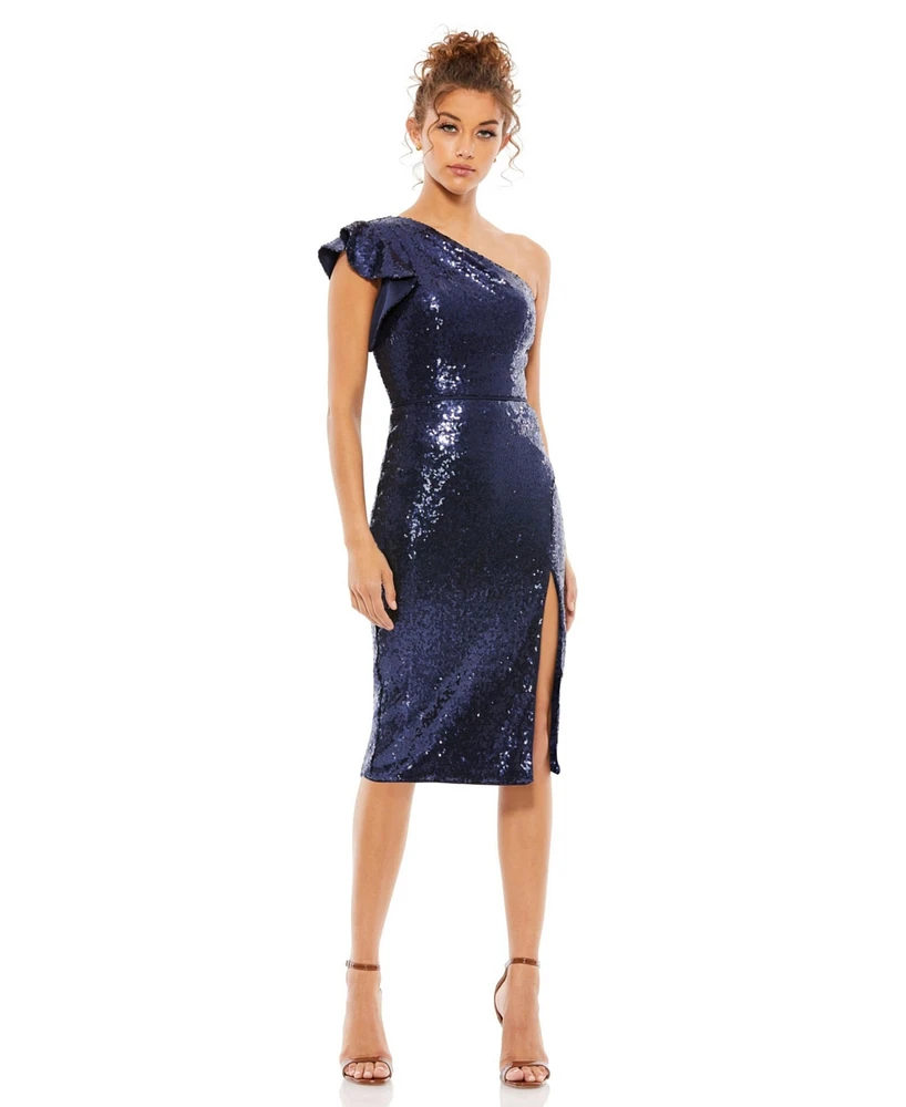 Women's Sequined Flutter One Shoulder Fitted Midi Dress