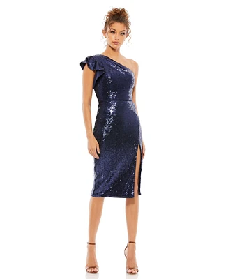 Women's Sequined Flutter One Shoulder Fitted Midi Dress