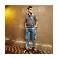 Campus Sutra Men's Moon Grey & Onyx Black Contrast Grid Polo T-Shirt