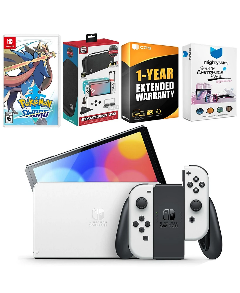 Nintendo Switch White Oled Console with Pokemon Sword, Surge Accessory Gaming Kit, MightySkins Console and Controller Skin Voucher