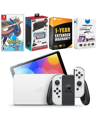 Nintendo Switch White Oled Console with Pokemon Sword, Surge Accessory Gaming Kit, MightySkins Console and Controller Skin Voucher