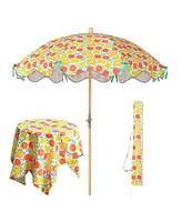 LAGarden Our Beach Umbrella for 6ft Beech Wood Pole w/ Tablecloth Printed Orange Grapefruit for Outdoor Garden Summer Event Planning Small Patio Balco