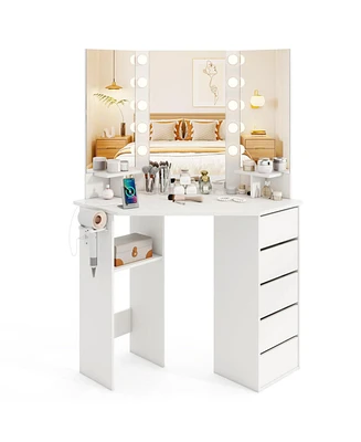 Corner Vanity Desk with 3-Color Led Lighted Mirror and Power Outlet