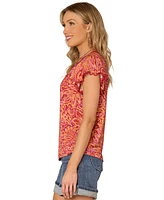 Democracy Petite Flutter-Sleeve Printed Knit Top