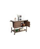 Wicker Bar Cart with Glass Top & Wheels