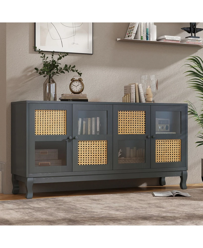 Industrial Grey Retro Sideboard with Rattan Doors