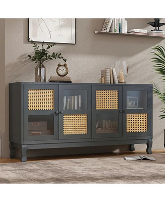 Industrial Grey Retro Sideboard with Rattan Doors