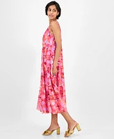 Robbie Bee Women's Printed Braided-Trim Tiered Midi Dress