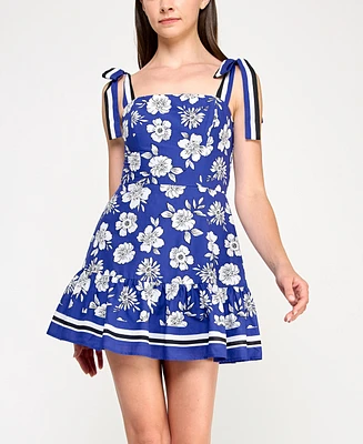 Trixxi Juniors' Cotton Printed Tie-Shoulder Short Dress