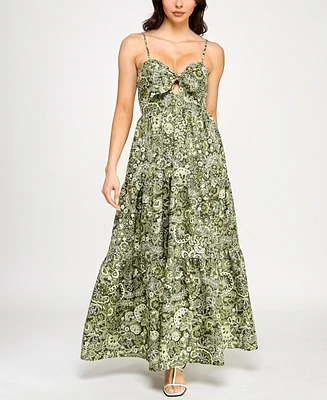 Trixxi Juniors' Tie-Bust Keyhole-Cutout Paisley-Print Maxi Dress