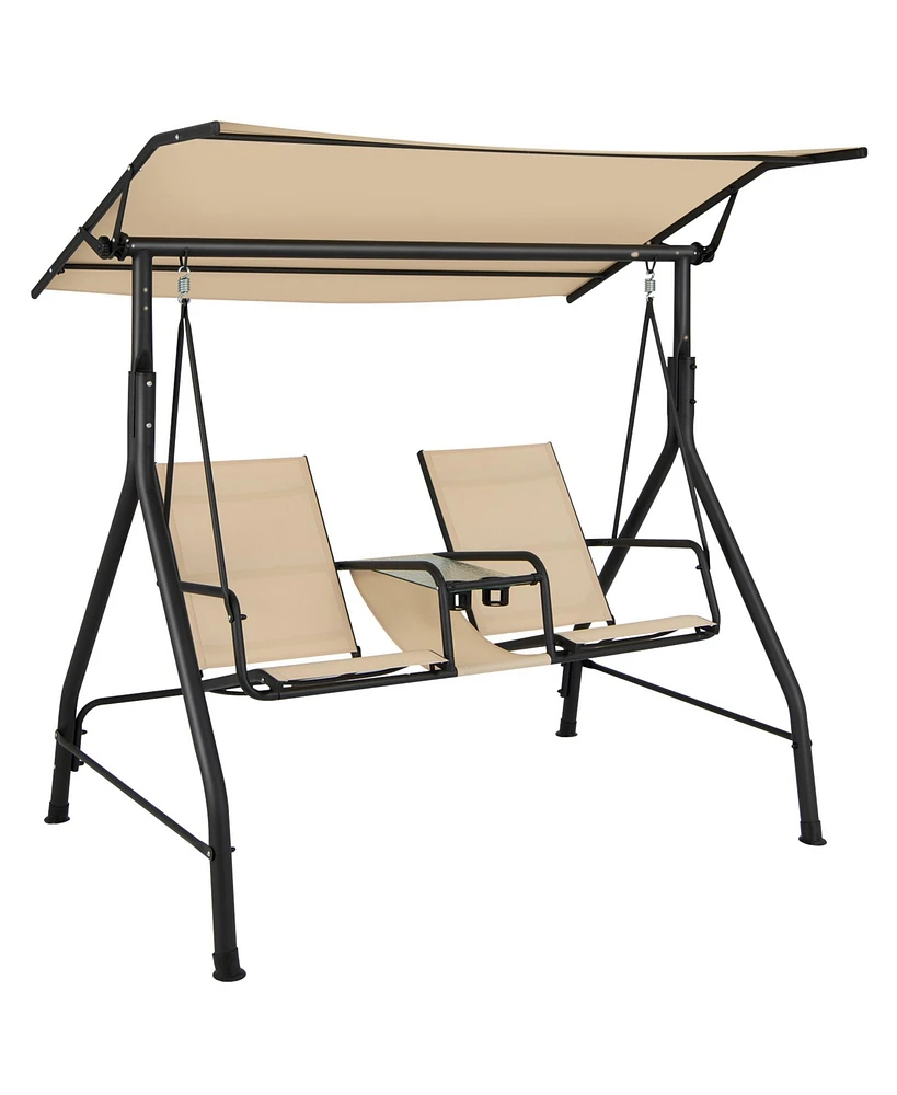 Gymax 2-Person Porch Swing Adjustable Canopy Swing Chair w/ Tempered Glass Table