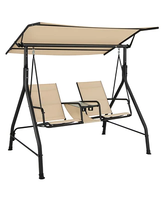 Gymax 2-Person Porch Swing Adjustable Canopy Swing Chair w/ Tempered Glass Table