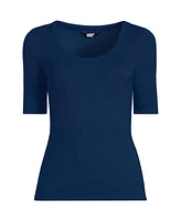 Lands' End Women's Drapey Rib Fitted Elbow Sleeve Scoop Neck Tee
