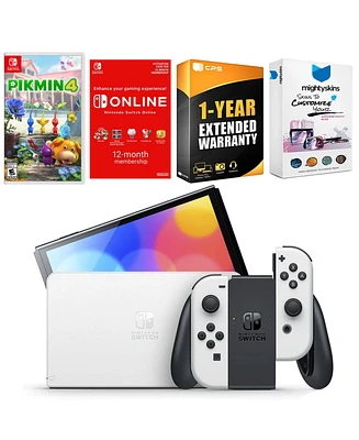 Nintendo Switch White Oled Console with Pikmin 4, Nso 12 Month Family Membership, MightySkins Console and Controller Skin Voucher, and 1 Year Cps Exte