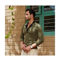 Campus Sutra Men's Olive Green & Obsidian Black Textured Cuban Polo T-Shirt