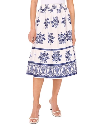 CeCe Women's Smocked-Waist Border-Print Midi Skirt