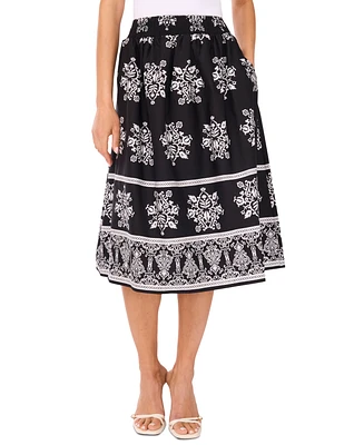CeCe Women's Smocked-Waist Border-Print Midi Skirt