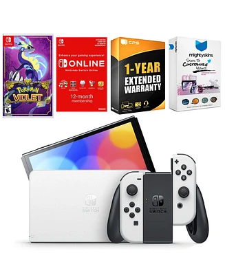 Nintendo Switch White Oled Console with Pokemon Violet, Nso 12 Month Family Membership, MightySkins Console and Controller Skin Voucher