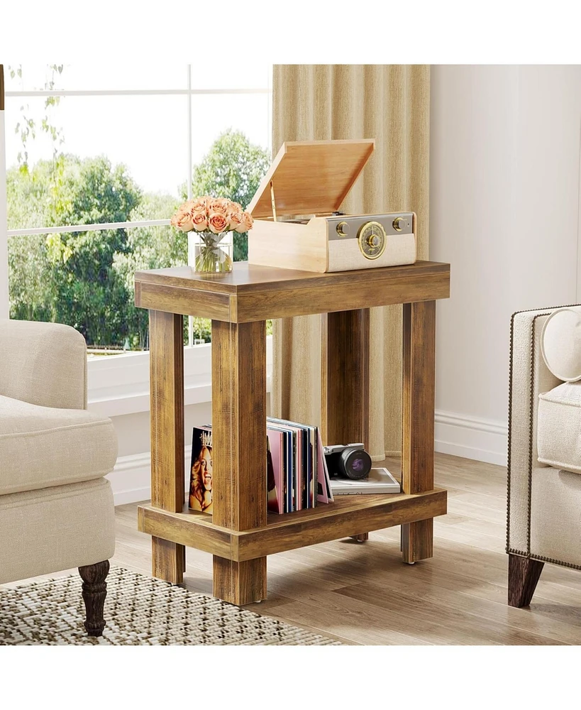 Tribesigns Wood Side Table, Farmhouse End Table with Storage Shelf, Narrow Nightstand for Bedroom, Accent Table for Living Room