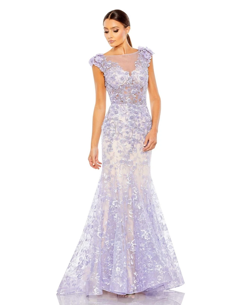 Mac Duggal Women's Embellished Cap Sleeve Illusion Neck Trumpet Gown