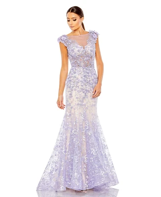 Mac Duggal Women's Embellished Cap Sleeve Illusion Neck Trumpet Gown