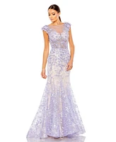 Mac Duggal Women's Embellished Cap Sleeve Illusion Neck Trumpet Gown