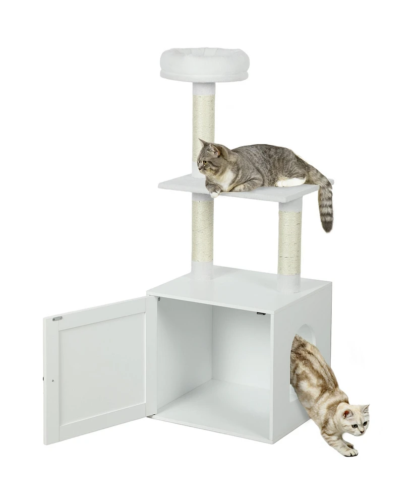 PawHut Cat Tree with Litter Box Enclosure, 2-in-1 Cat Tower for Indoor Cats