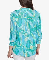 Ruby Rd. Petite Abstract Tropical Silky Button Front V-Neck Top