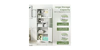 58.5 Inch Freestanding Linen Bathroom Storage Cabinet with Frost Glass Doors