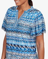 Ruby Rd. Petite Motif Stripe Embroidered Puff Print T-Shirt