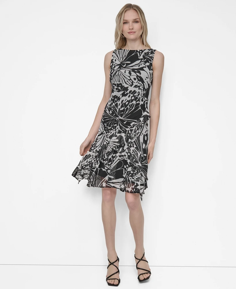 Dkny Women's Chiffon Printed Boat-Neck Ruffle-Hem Dress