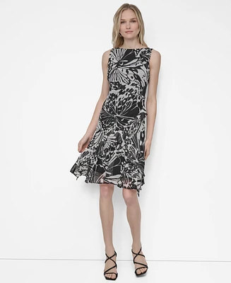 Dkny Women's Chiffon Printed Boat-Neck Ruffle-Hem Dress