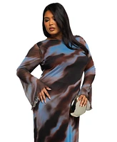 Fashion-szn Curve Plus Long Sleeve Abstract Mesh Maxi Dress