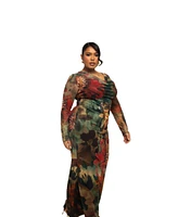 Fashion-szn Curve Plus Long Sleeve Floral Print Mesh Maxi Dress