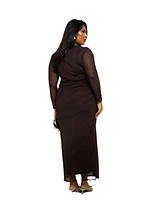 Fashion-szn Curve Plus Long Sleeve Chocolate Mesh Midaxi Dress