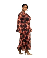 Fashion-szn Curve Plus Long Sleeve Floral Print Mesh Maxi Dress