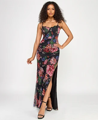 Katia Rae Juniors' Floral-Print Sequined Spaghetti-Strap Gown