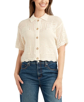 Bcx Juniors' Short-Sleeve Scalloped Cardigan Sweater
