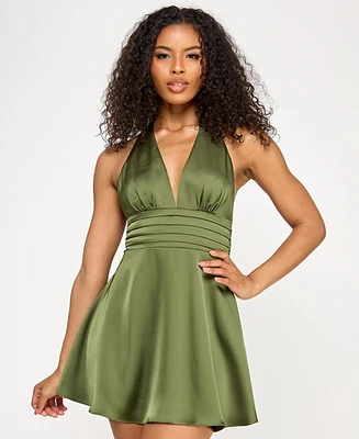 Seni & Cade Juniors' Plunge-Neck Satin A-Line Dress