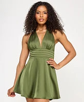 Seni & Cade Juniors' Plunge-Neck Satin A-Line Dress